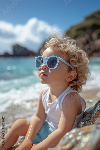 A young blonde child wearing sunglasses is sitting on a rock by the ocean
