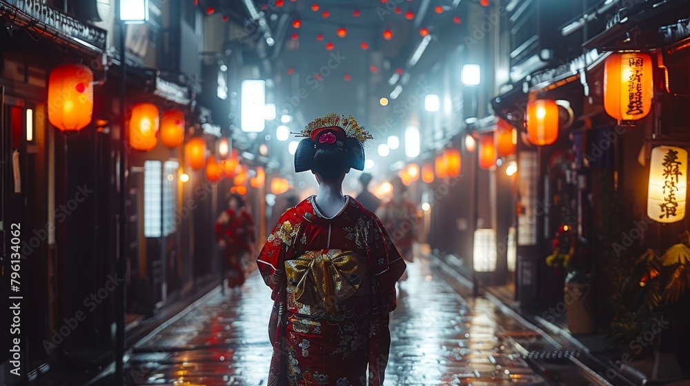 Geisha walking in a small street with lanterns in Gion Kyoto at night,  rear view