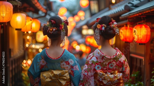 Two Geishas walking in a small street with lanterns in Gion Kyoto at night,  rear view photo