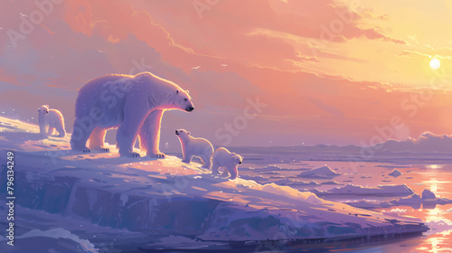 A polar bear and her cubs on the edge