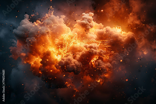 Fire, abstract and explosion for danger, destruction and burning energy with smoke. Inferno, fireball and thermal glow with orange flare, background or fuel for hell flame or chaos disaster wallpaper