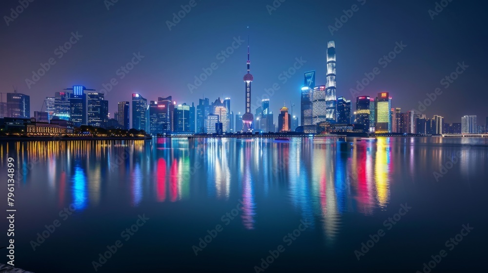 Fototapeta premium A city skyline glittering with lights reflected in the tranquil waters of a river below, creating a stunning nocturnal panorama of urban beauty and elegance.