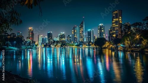 A city skyline glittering with lights reflected in the tranquil waters of a river below, creating a stunning nocturnal panorama of urban beauty and elegance. © Plaifah