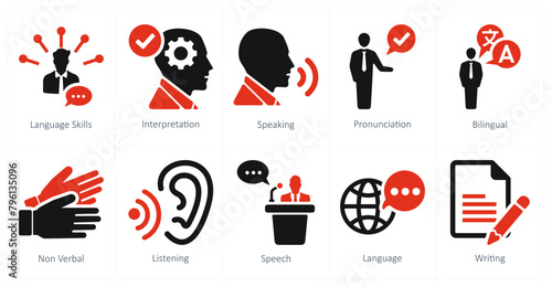 A set of 10 language icons as language skills, interpretation, speaking