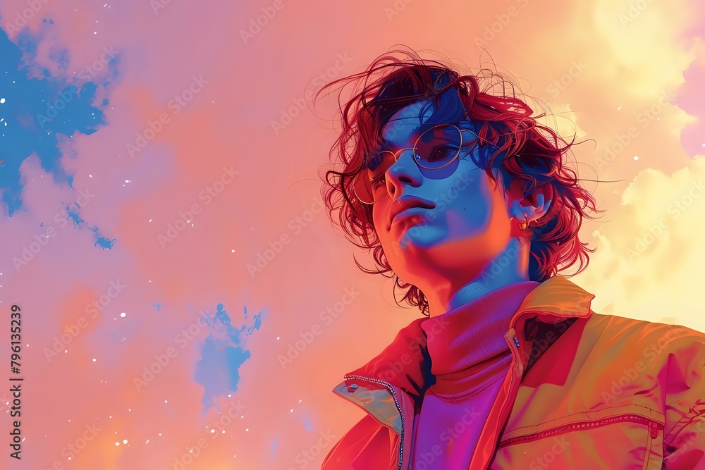 Cartoon-Like Figure in Vibrant Attire Against Ethereal Sky Cartoon-Like Figure in Vibrant Attire Against Ethereal Sky
