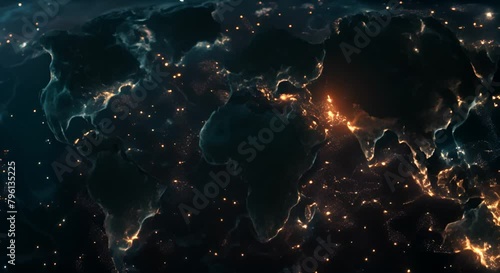 Abstract world map with glowing hotspots indicating global tech innovation hubs, photo