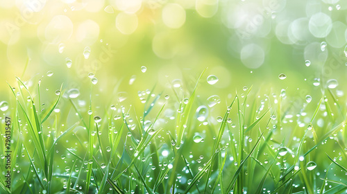 A field of grass with raindrops on it. The grass is green and the raindrops are small and scattered. Concept of calm and tranquility  as the raindrops create a peaceful atmosphere in the field