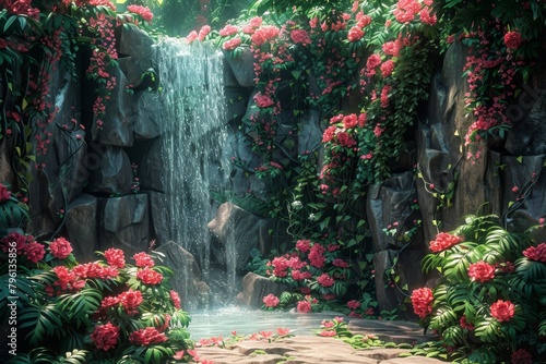 咲く花とブドウの緑豊かな庭園の背景