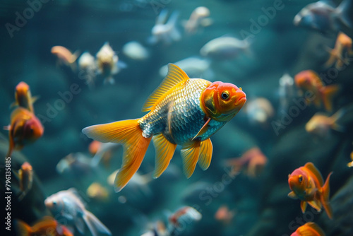 One distinctively colored fish swimming against the current, illustrating leadership in challenging the status quo