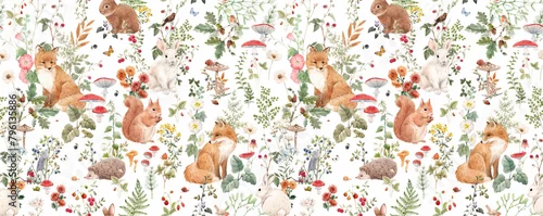 Tapety Large size wall mural with hand drawn watercolor forest animals and plants. Stock illustration.
