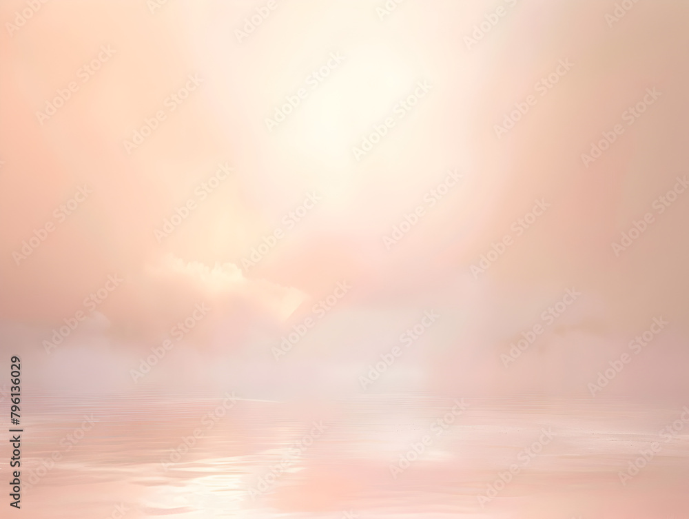 A serene and peaceful scene of a body of water with a cloudy sky in the background. The sky is filled with a soft, warm light that creates a calming atmosphere
