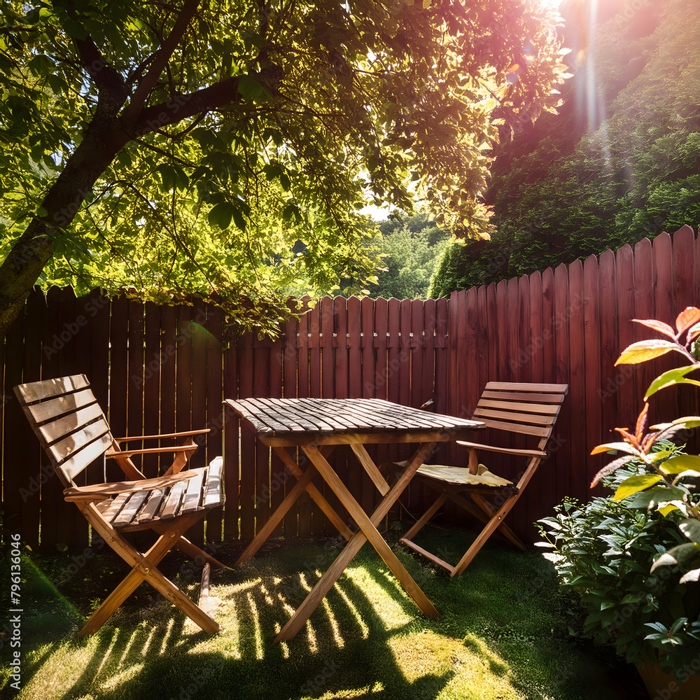 chair in the garden.a backyard scene with a table and chairs arranged by a wooden fence. The illustration should evoke a sense of tranquility and relaxation, with lush greenery and sunlight filtering chair in the garden.a backyard scene with a table and chairs arranged by a wooden fence. The illustration should evoke a sense of tranquility and relaxation, with lush greenery and sunlight filtering