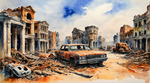 The ruins of an abandoned city filled with old decayed cars, watercolor painting style, generative AI.
