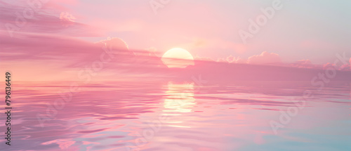 A pink and blue sky with a sun in the middle. The sun is reflected in the water