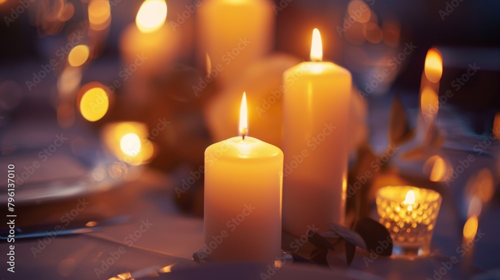 A close-up of elegant candlelit dinner table, with flickering candles casting a romantic glow over fine dining settings, setting the stage for a memorable evening. A close-up of elegant candlelit dinner table, with flickering candles casting a romantic glow over fine dining settings, setting the stage for a memorable evening.