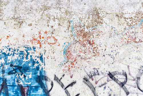 Blue graffiti on distressed wall. Abstract detailed wall texture with blue graffiti paint. (ID: 796137401)