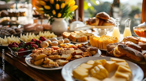 Breakfast table in hotel with sweets cakes cheese bread and bread Brazilian food and cuisine