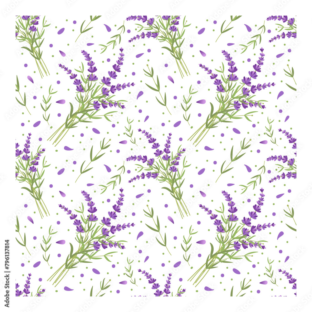 Seamless hand drawn lavender bouquet pattern. Herb vector drawing isolated on white for wallpaper, textile, design packaging, wedding card, natural medicine