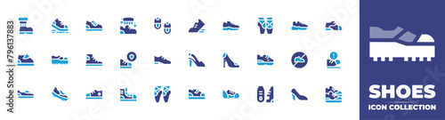 Shoes icon collection. Duotone color. Vector and transparent illustration. Containing walk, polishing, sneakers, product durability, baby shoes, boot, shoe, football shoes, shoes, ballet shoes.