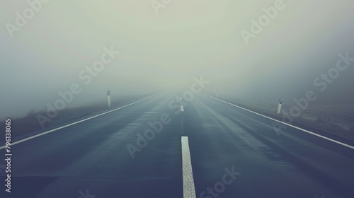 Calm landscape of an asphalt road in white fog. Tranquil and mystical background with copy space. Generative AI