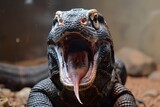 Komodo Dragon: Tongue flicking out with textured skin and forked tongue, depicting behavior
