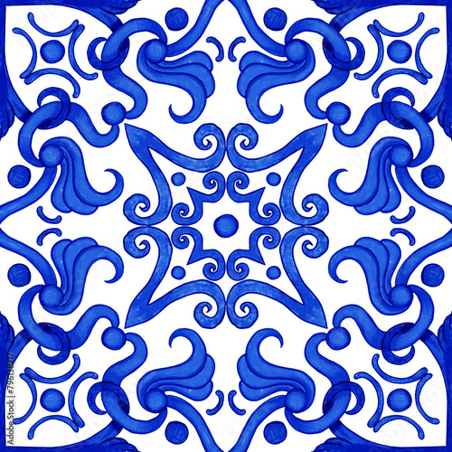 Ceramic tile design in blue colors. Sicilian seamless ornament. Baroque watercolor background. Hand drawn royal ornament. Mediterranean Italian print.