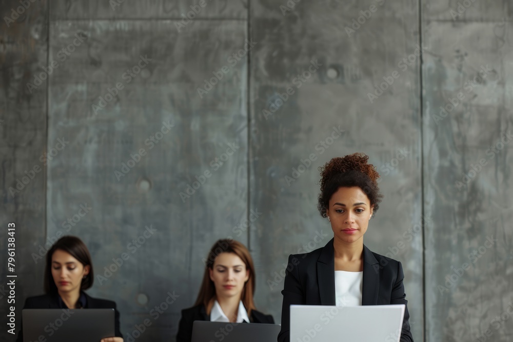 In front of the clear cement background, the designer style business portrait exudes the expertise and confidence of the business woman in the modern workplace In front of the clear cement background, the designer style business portrait exudes the expertise and confidence of the business woman in the modern workplace