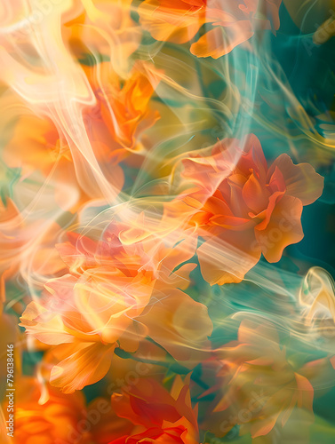 A colorful flower with smoke in the background. The smoke is orange and yellow, and the flowers are orange and green. The image has a dreamy, ethereal quality to it