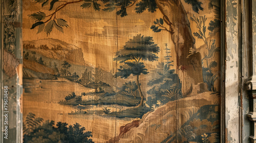 A faded tapestry depicting a desert landscape hangs above a door leading to a hidden back room. .