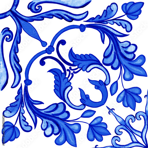 Ceramic tile design in blue colors. Sicilian seamless ornament. Baroque watercolor background. Hand drawn royal ornament. Mediterranean Italian print.