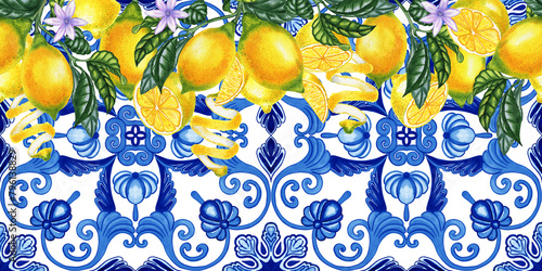 Lemons on a branch and Sicilian majolica seamless horizontal pattern. Watercolor hand drawn background in summer italian style. Postcard with azulejo elements.