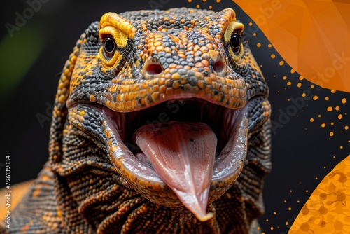 Komodo Dragon  Tongue flicking out with textured skin and forked tongue  depicting behavior