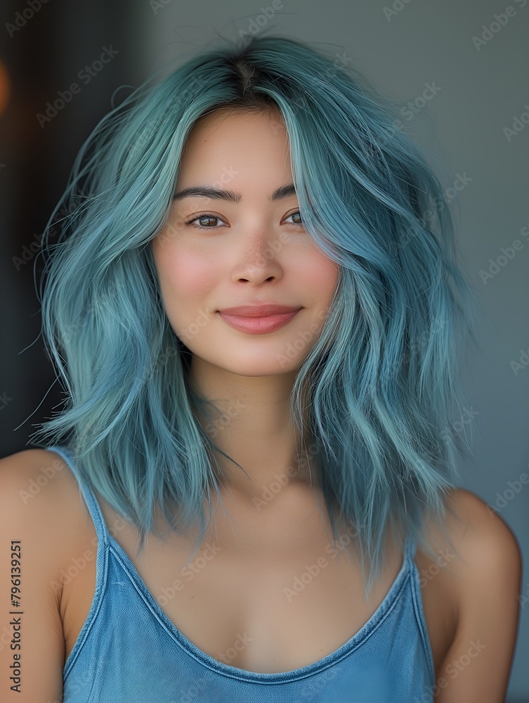 Naklejka premium Smiling Asian woman with blue hair
