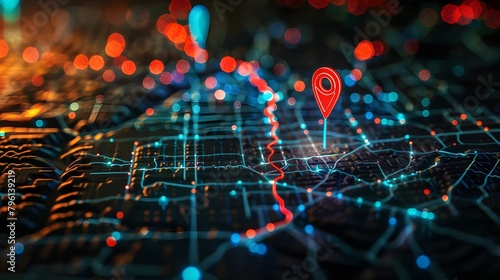 Navigational Search Engine Optimization Maps Red Marker On City Lights Background (Generative AI) photo
