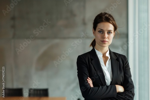 In front of the clear cement background, the designer style business portrait exudes the expertise and confidence of the business woman in the modern workplace