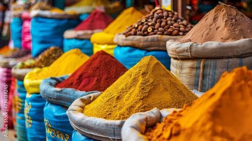 A colorful spice market with bags of vibrant powders and whole spices on display