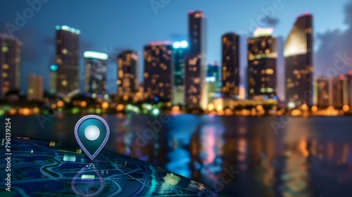 Navigational Search Engine Optimization Maps Red Marker On City Lights Background (Generative AI)