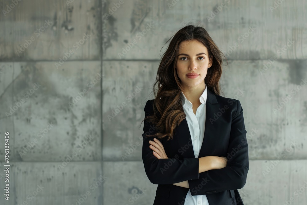 In front of the clear cement background, the designer style business portrait exudes the expertise and confidence of the business woman in the modern workplace In front of the clear cement background, the designer style business portrait exudes the expertise and confidence of the business woman in the modern workplace