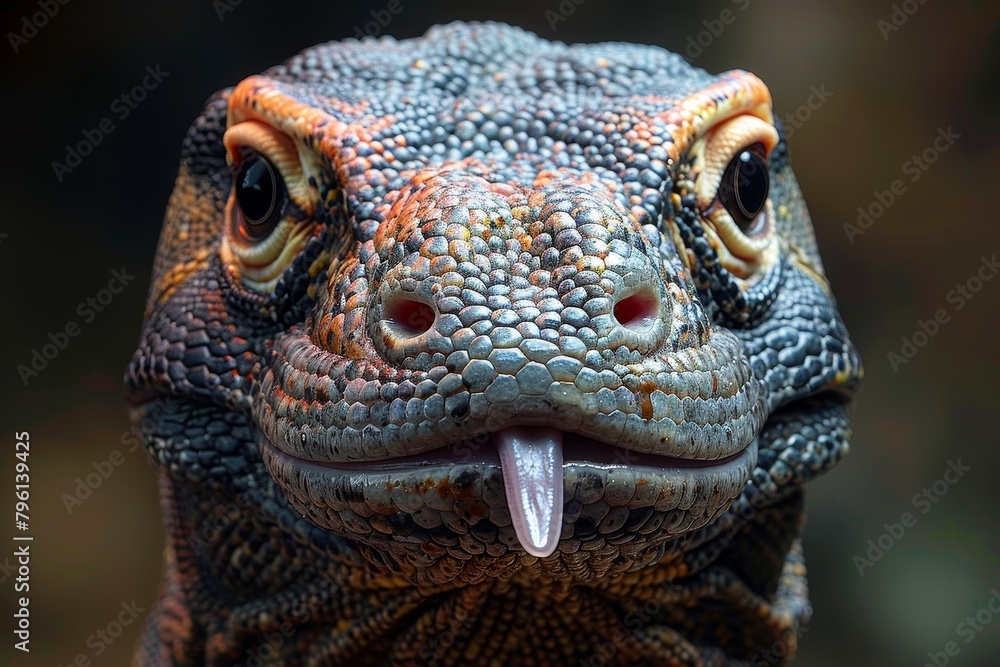 Fototapeta premium Komodo Dragon: Tongue flicking out with textured skin and forked tongue, depicting behavior