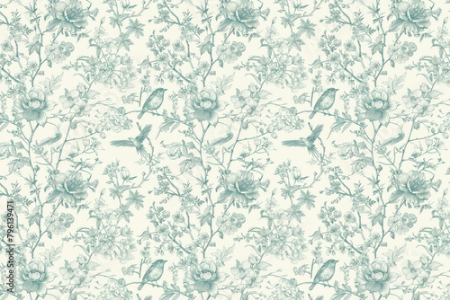 Toile floral pattern tapestry. Vintage botanical wallpaper pattern. Background image. Created with Generative AI technology