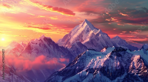 A colorful sunrise over snow-capped mountains, casting a warm glow over icy peaks and valleys photo