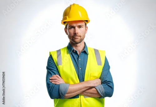 Safety Worker , Labor Man , Male construction worker in helmet and orange and green vest, isolated on white background	