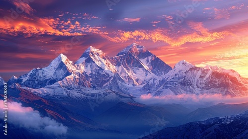 A colorful sunrise over snow-capped mountains, casting a warm glow over icy peaks and valleys