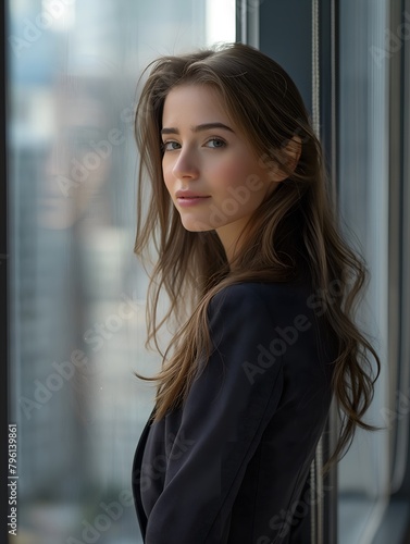 Free Download Long-haired Brunette female secretary in a black business suit next to office window - GFXLoad