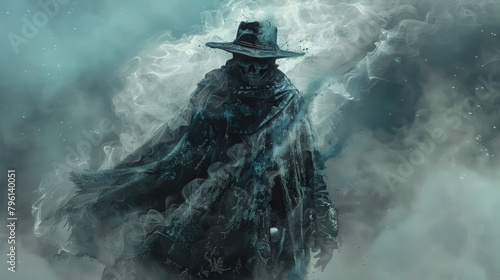 A tattered poncho dd over the Cowboys back its pattern of skeletal figures and swirling smoke adding to his mysterious aura. . photo