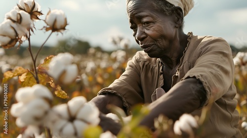 Old black slave woman picking cotton on a hot day photo