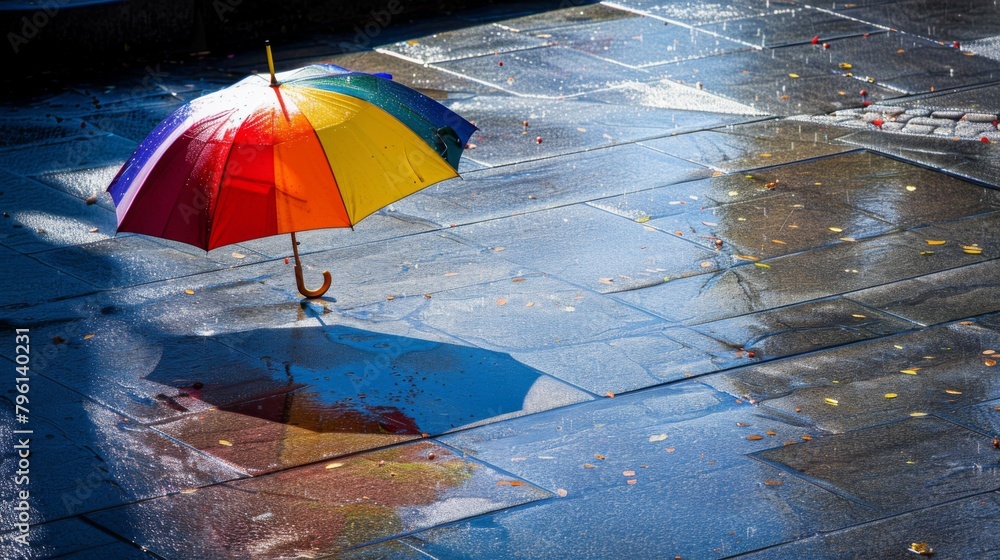 A colorful umbrella casting a playful shadow on a rain-soaked sidewalk, adding a touch of whimsy to a dreary day.