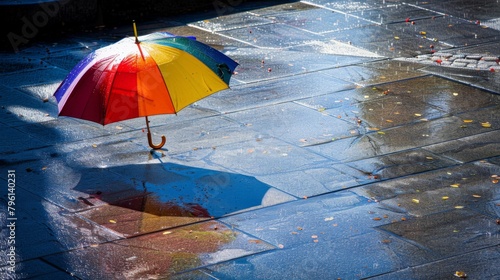 A colorful umbrella casting a playful shadow on a rain-soaked sidewalk  adding a touch of whimsy to a dreary day.
