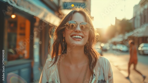 Smiling brunette woman wearing sunglasses, boho style dress, walking on street, sun in background