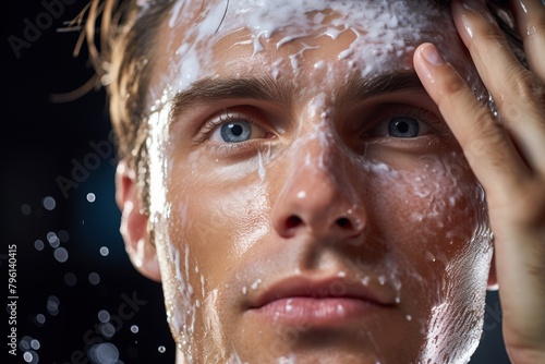 Close-up of man using a facial cleanser to remove makeup and impurities, showcasing cleansing routine